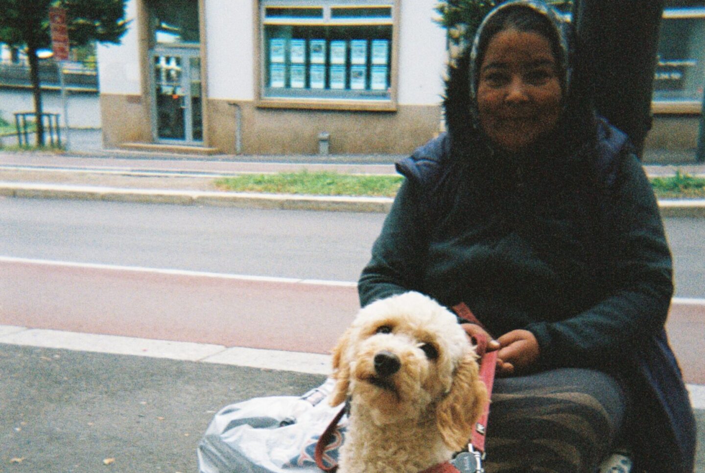 Romkvinne som sitter på gata med en hund