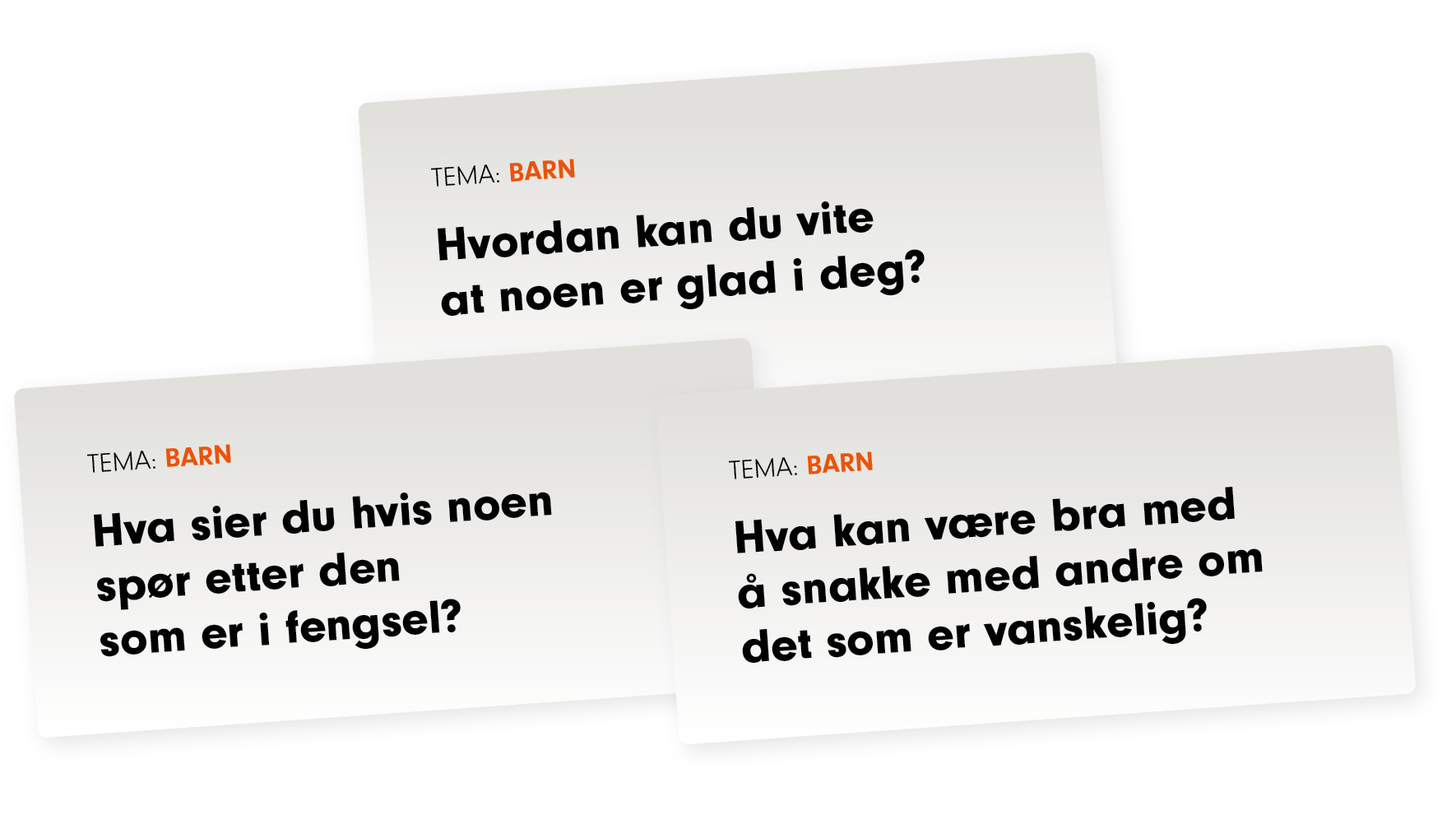 Barn p&aring; bes&oslash;k i fengsel. Samtalekort som Kirkens Bymisjon og For Fangers P&aring;r&oslash;rende (FFP) har utviklet sammen. Sp&oslash;rsm&aring;lenen: Hvordan kan du vite at noen er glad i deg? Hva sier du hvis noen sp&oslash;r etter den som er i fengsel? Hva kan v&aelig;re bra med &aring; snakke med andre om det som er vanskelig?