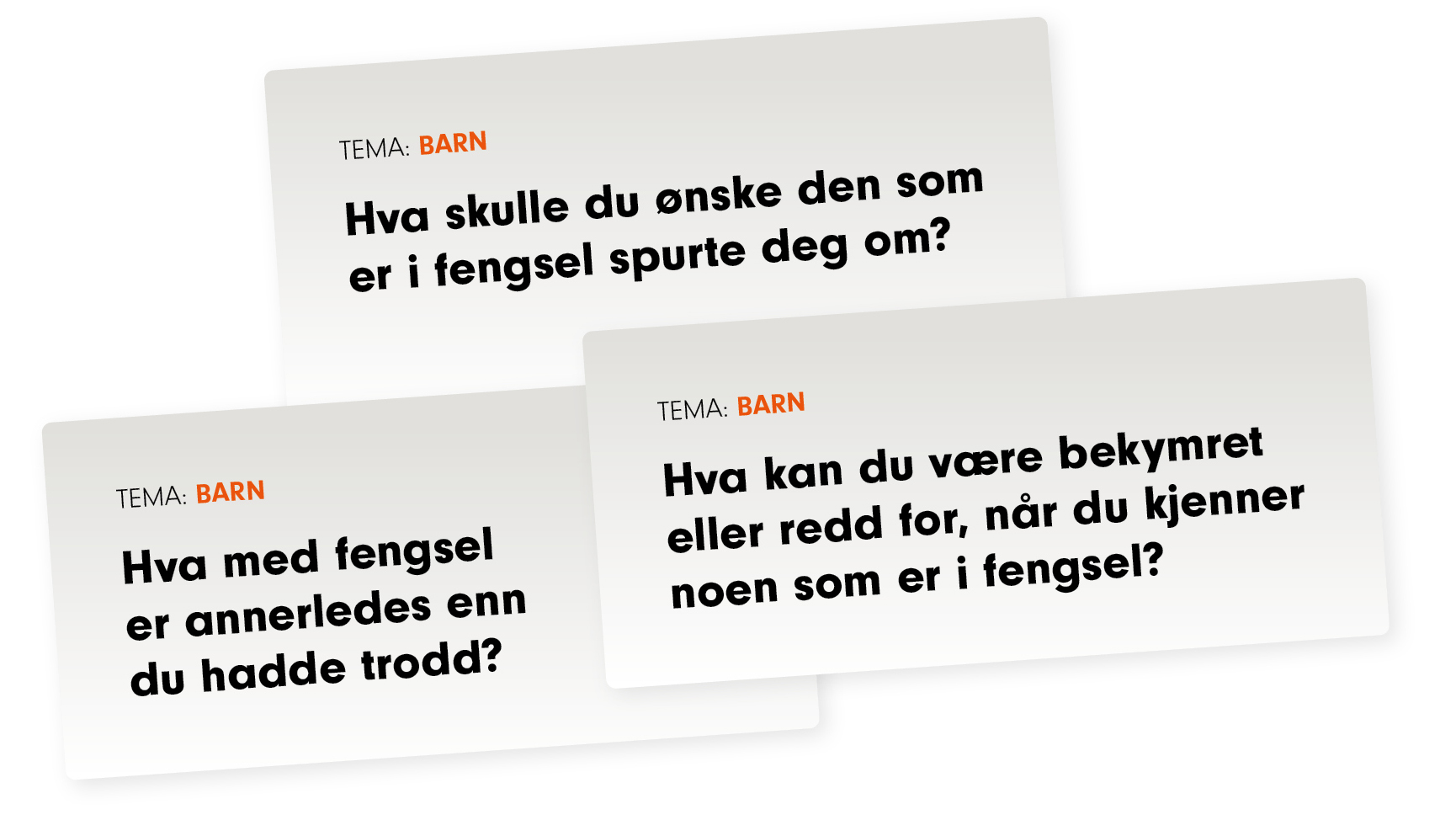 Barn p&aring; bes&oslash;k i fengsel. Samtalekort som Kirkens Bymisjon og For Fangers P&aring;r&oslash;rende (FFP) har utviklet sammen. Sp&oslash;rsm&aring;lene:
Hva med fengsel er annerledes enn du hadde trodd?
Hva skulle du &oslash;nske den som er i fengsel spurte deg om?
Hva kan du v&aelig;re bekymret&shy; eller redd for, n&aring;r du kjenner&shy; noen som er i fengsel?