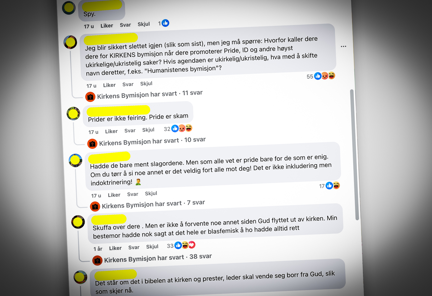 Hets og hatytringer om Pride p&aring; Facebook. Faksimile: Skjermdump/Facebook